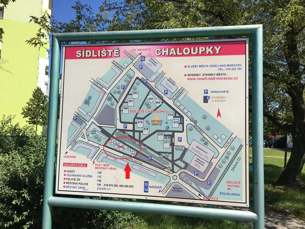 Mapa sídliště Chaloupky ve Veselí nad Moravou se zakreslenou tržnicí, místo níž vzniknou obchody a byty.