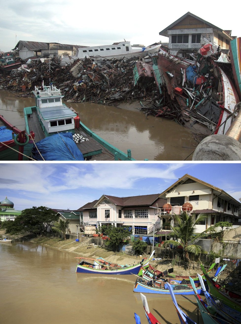 Jak vypadala místa zasažená tsunami v roce 2004 a o 10 let později?