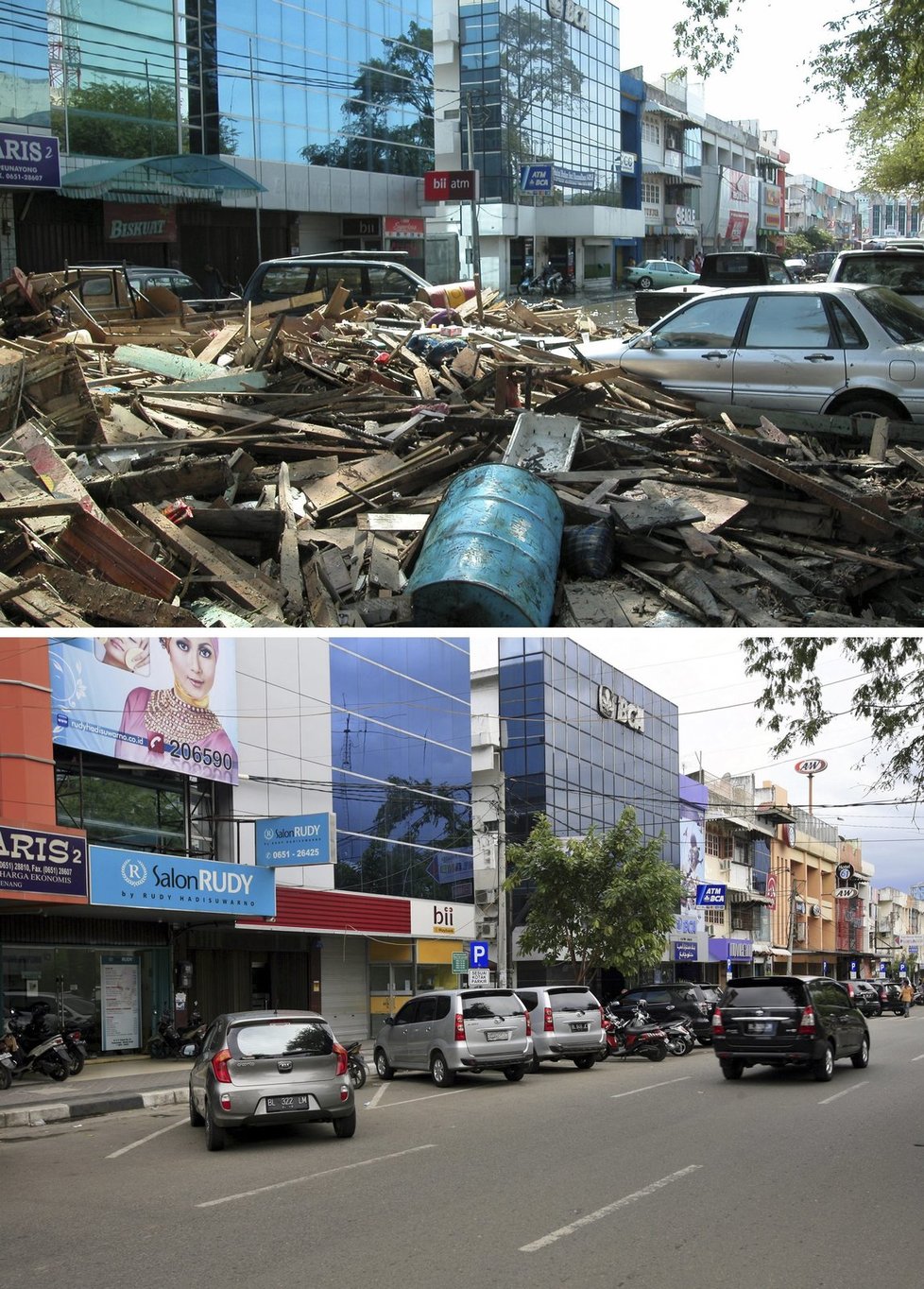 Jak vypadala místa zasažená tsunami v roce 2004 a o 10 let později?