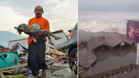 Foto, které rve za srdce: Muž nese dítě přes trosky po tsunami na ostrově Sulawesi