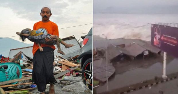 Foto, které rve srdce: Muž s mrtvým dítětem překračuje trosky po tsunami. Již 384 mrtvých