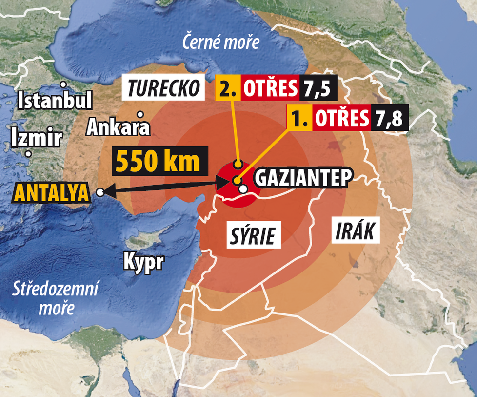 Nejblíže zasažená oblast Adan je vzdálená 550 km východně od Antalye.