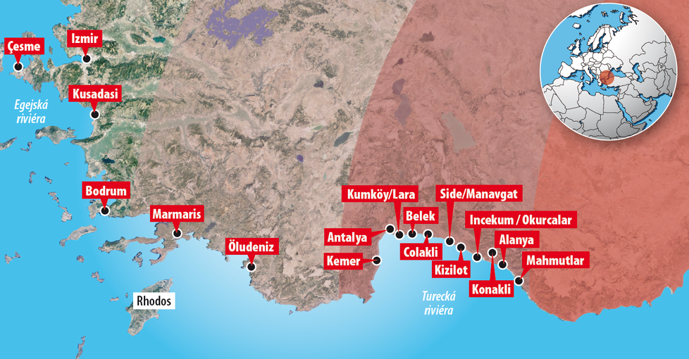 Rozmístění nejpopulárnějších letovisek na Turecké a Egejské riviéře. Resorty zůstaly nedotčené, od epicentra zemětřesení jsou vzdálené stovky kilometrů...