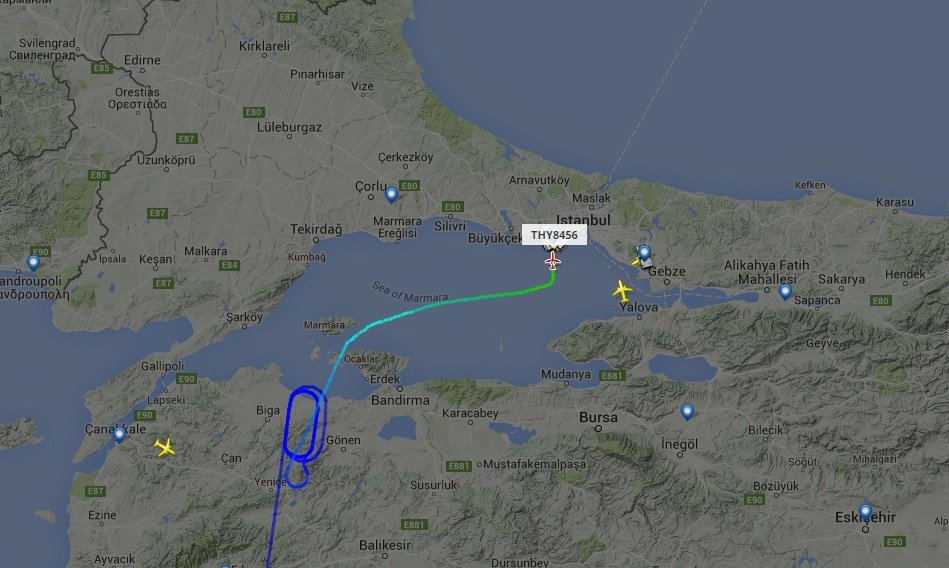 Trasa letadla, ve kterém cestuje prezident Erdogan.