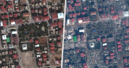 Islahiye před a po zemětřesení (4. září 2022, 7. února 2023)