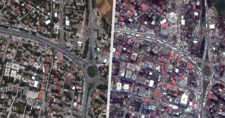 Nurdagi před a po zemětřesení (6. září 2022, 7. února 2023)