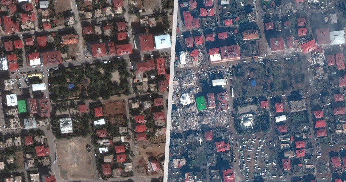Islahiye před a po zemětřesení (4. září 2022, 7. února 2023)