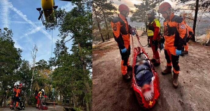 Záchrana turisty, který se u Jetřichovic zřítil ze skalní vyhlídky a zranil se.