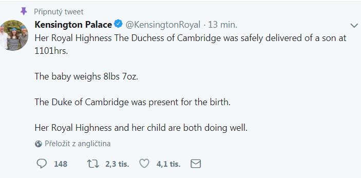 Královský palác oznamuje narození třetího dítěte Kate a Williama na Twitteru