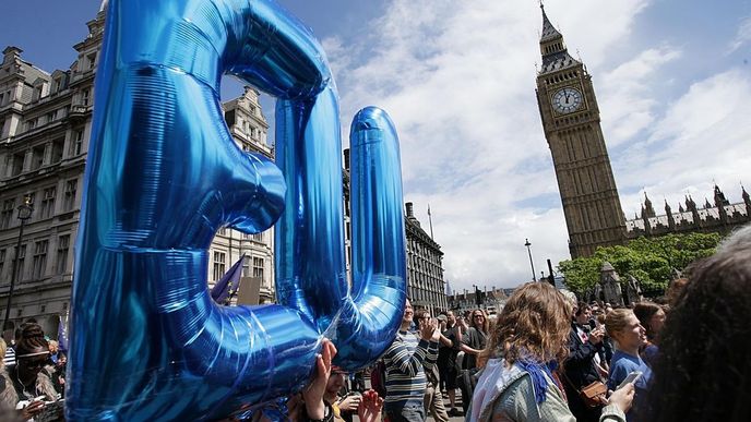 Účastníci demonstrace za setrvání Británie v EU