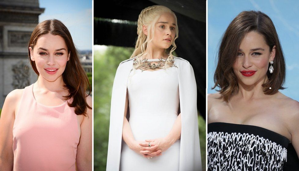 Emilia Clarke před ostřiháním, jako Daenerys Targaryen a se svým novým střihem.