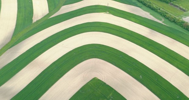 Systém pásového střídání plodin u Bošovic při pohledu z ptačí perspektivy nabízí zajímavé obrazce.