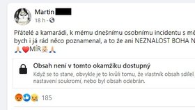 Martin Z. poslal strážníkům vzkaz na facebooku.