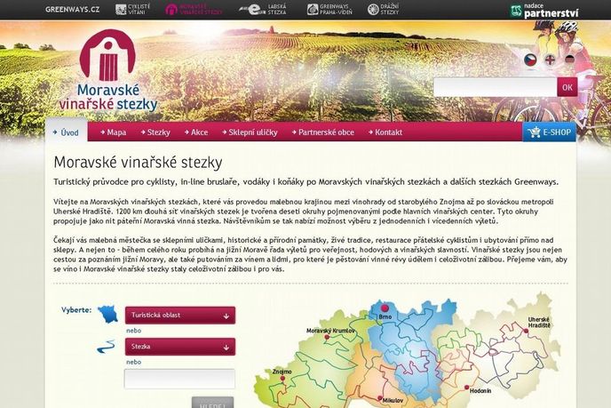 Ukázka webových stránek produktu „Moravské vinařské stezky“