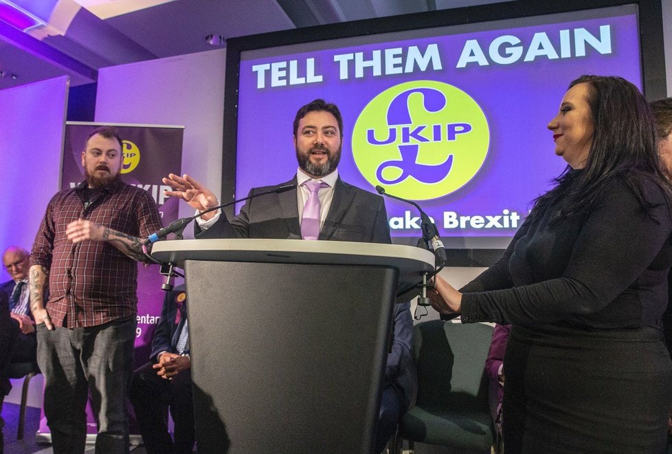 Tisková konference britské politické strany UKIP 18. 4. 2019