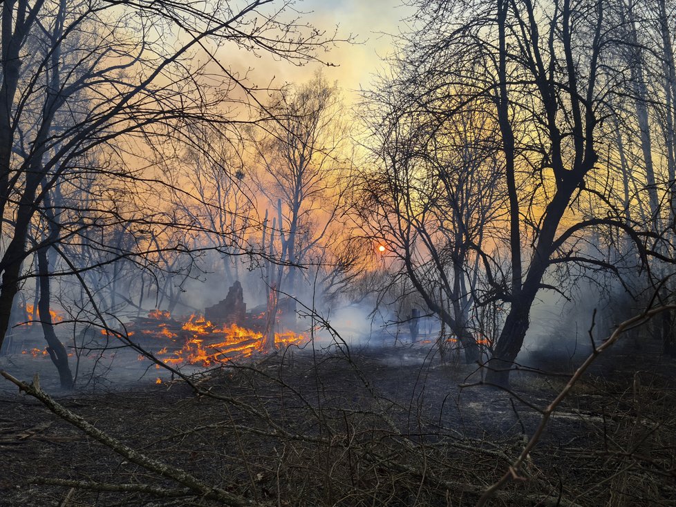 V okolí Černobylu zuří požáry, jeden se podařilo uhasit, další se rozhořel, (8. 4. 2020).