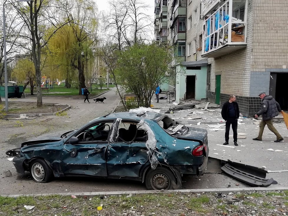 Následky bojů v Charkově, 23. dubna 2022.