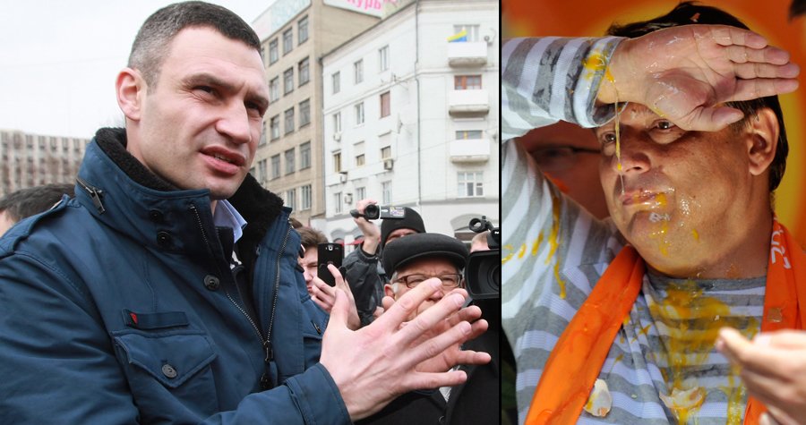 Také na ukrajinského politika Vitalije Klička, podobně jako v minulosti na Jiřího Paroubka, házeli lidé vejce