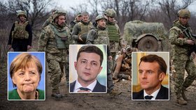 Macron, Merkelová a Zelenskyj vyzvali ke stažení ruských vojsk od Ukrajiny.