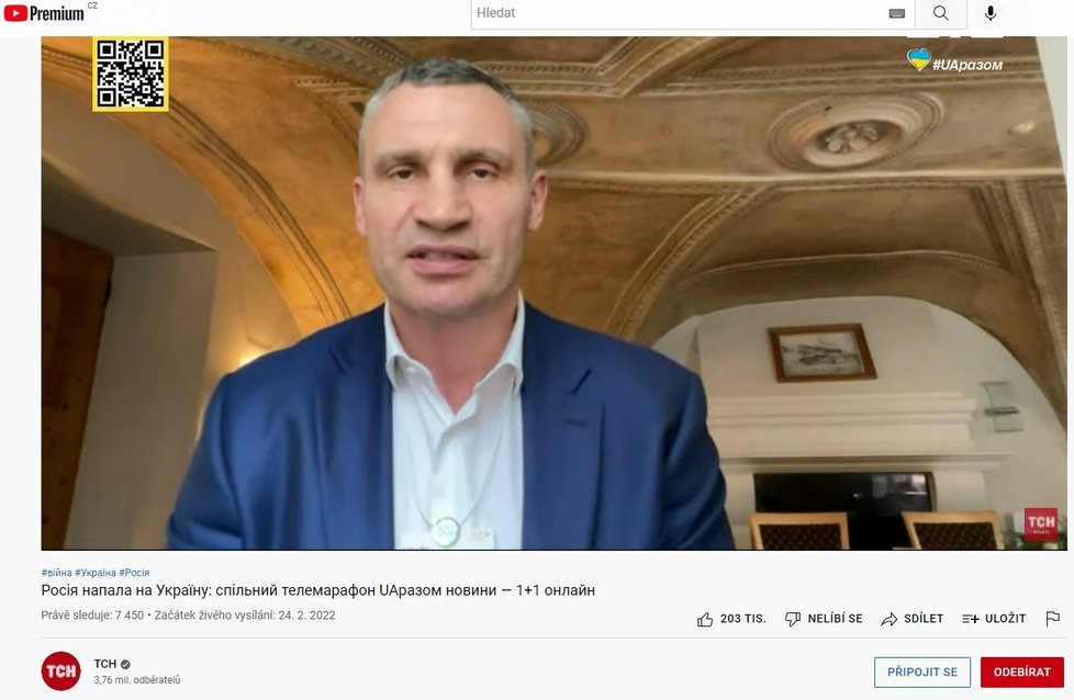 Telemaraton vysílá i YouTube. Zde byl hostem kyjevský primátor Vitalij Kličko.