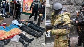 V ukrajinských ulicích leží mrtví. Mohou za ně vládní ostřelovači? Jednoho z nich vyfotili! (vpravo)