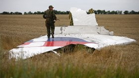 Proruský separatista stojí na kusu zříceného letadla MH17.