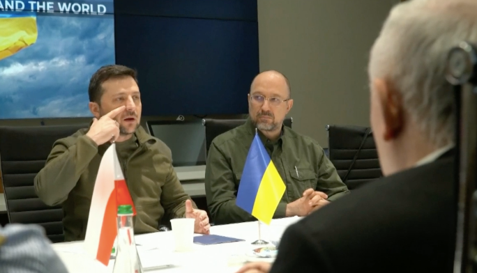 Setkání premiéra Petra Fialy (ODS), delegace EU a ukrajinského prezidenta Volodymyra Zelenského (15.3.2022)