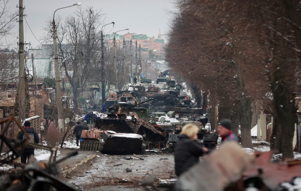 Zničená technika ruské armády ve městě Buča. (1.3.2022)