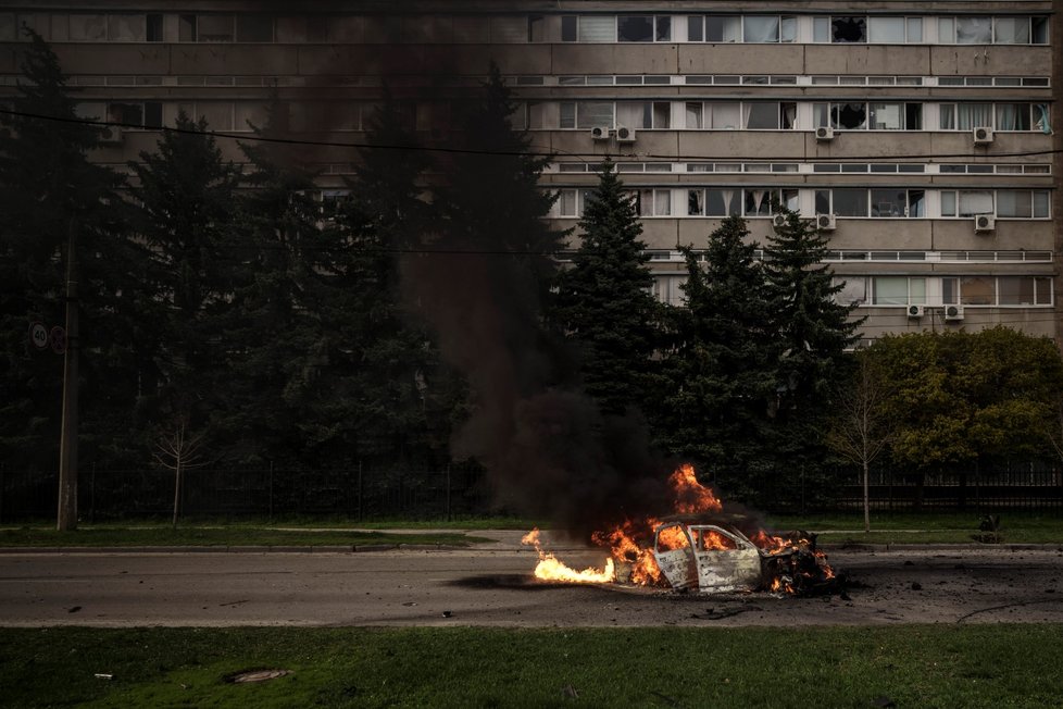 Následky ruského ostřelování v Charkově. (21.4.2022)