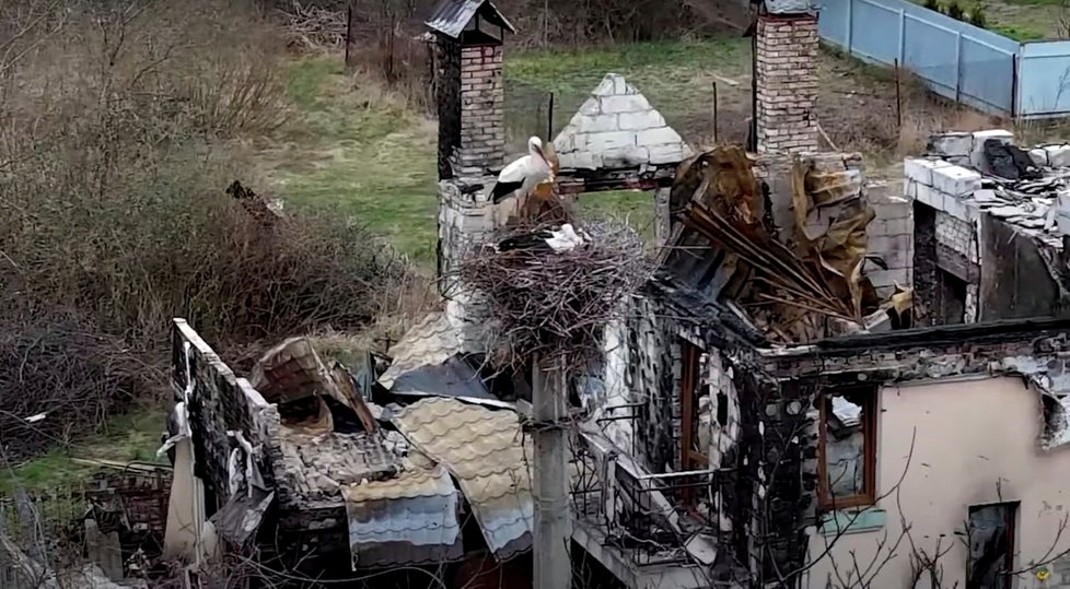 Zdevastovaná vesnice Moščun v Kyjevské oblasti. (22.4.2022)