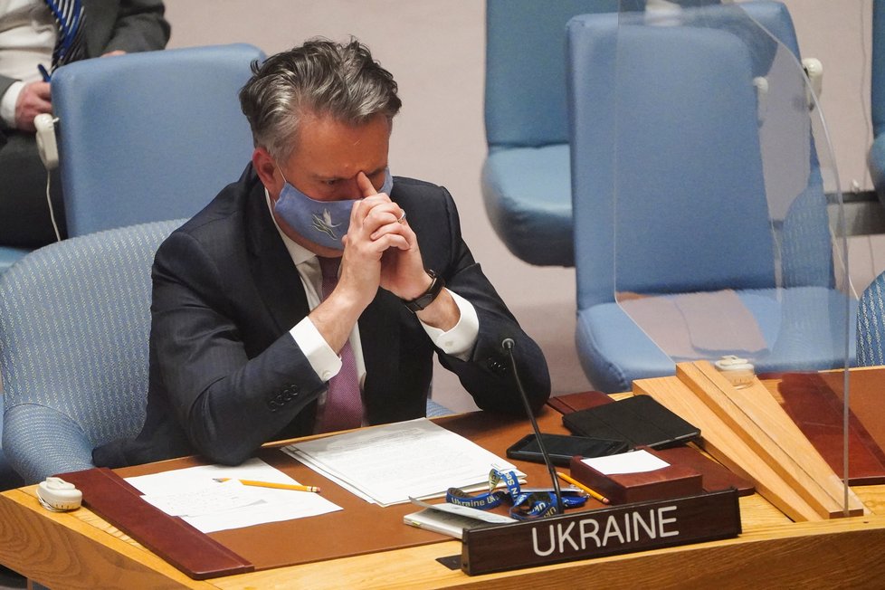 Ukrajinský velvyslanec při OSN Serhij Kyslycja při jednání o krocích Ruska (22.2.2022)