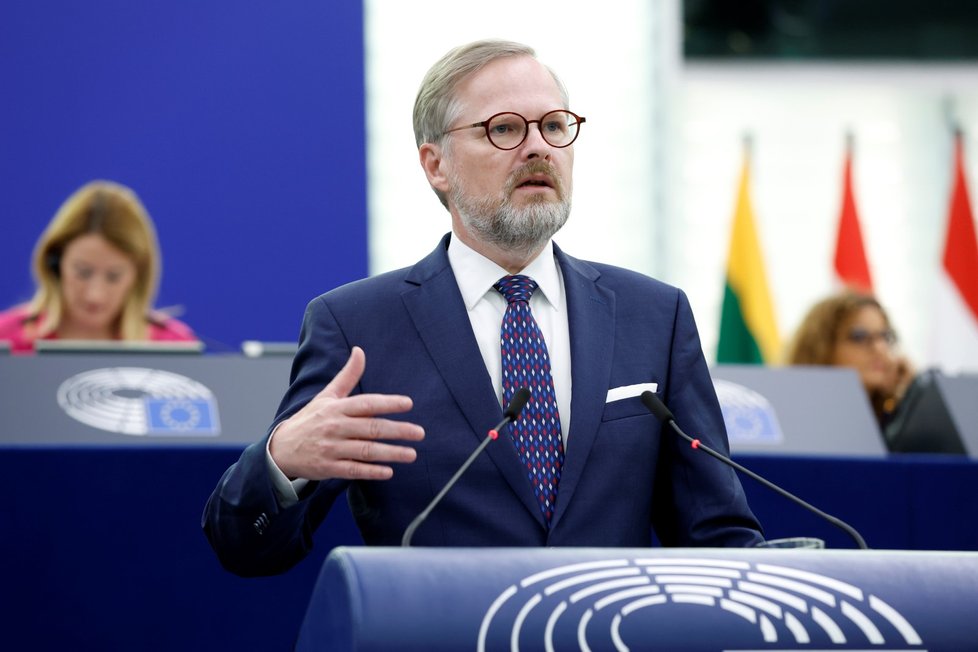 Premiér Petr Fiala při projevu v Evropském parlamentu. (6.7.2022)