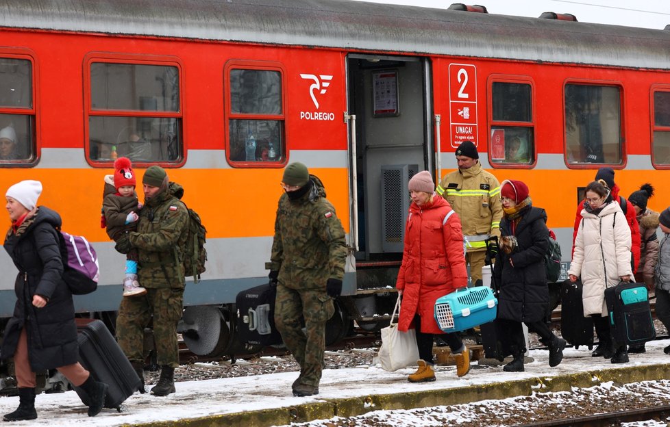 Váleční uprchlíci z Ukrajiny v polské vesnici Medyka. (9.3.2022)