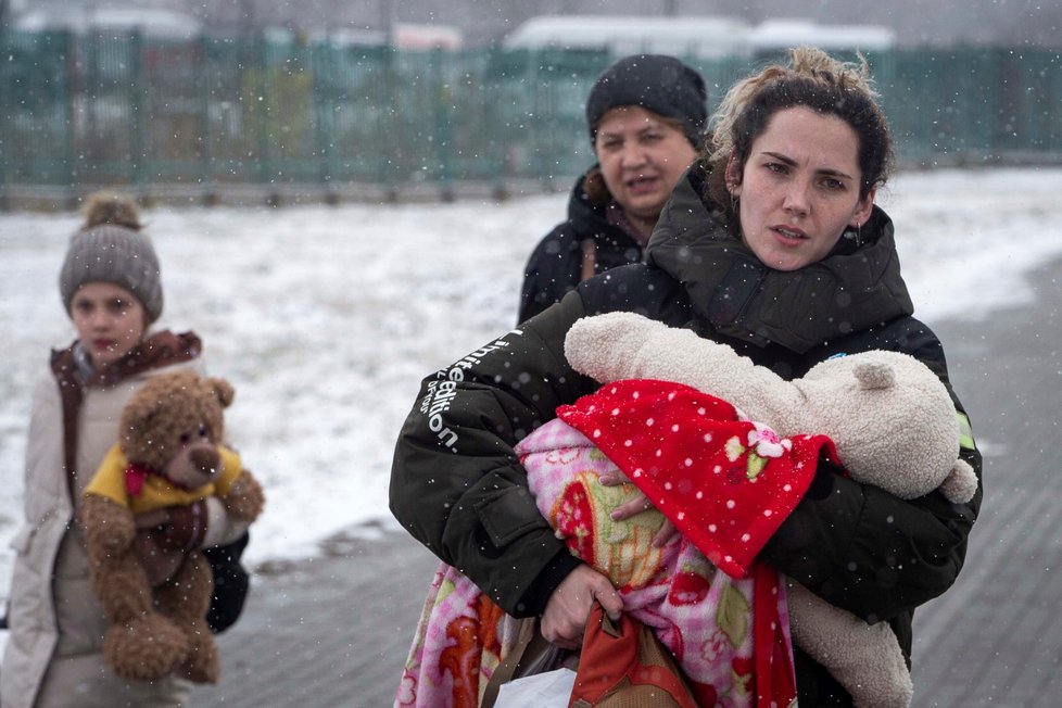 Váleční uprchlíci z Ukrajiny v polské vesnici Medyka. (9.3.2022)