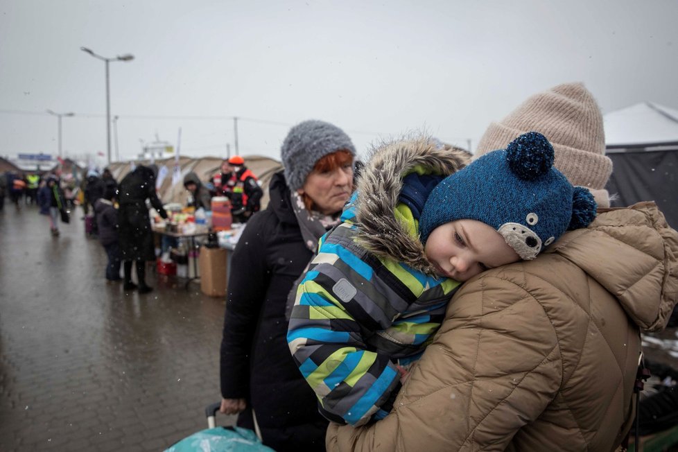 Váleční uprchlíci z Ukrajiny v polské vesnici Medyka. (9.3.2022)