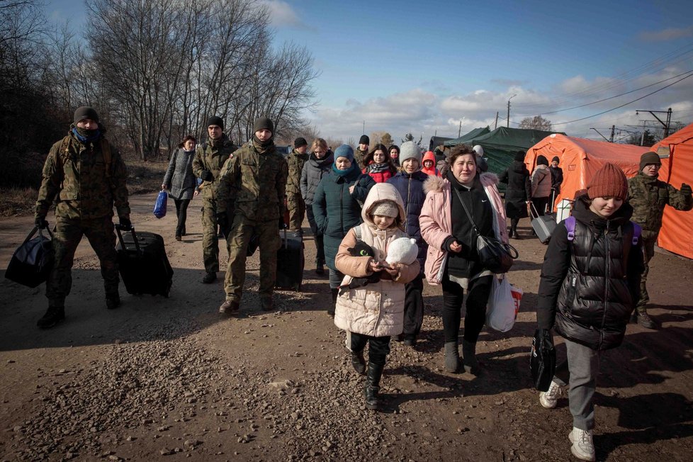 Váleční uprchlíci z Ukrajiny v polské vesnici Medyka (10.3.2022)