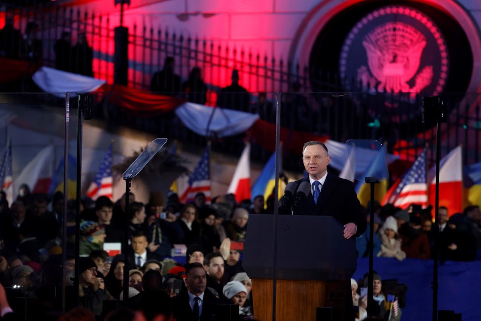 Polský prezident Andrzej Duda při projevu o podpoře Ukrajiny. (21.2.2023)
