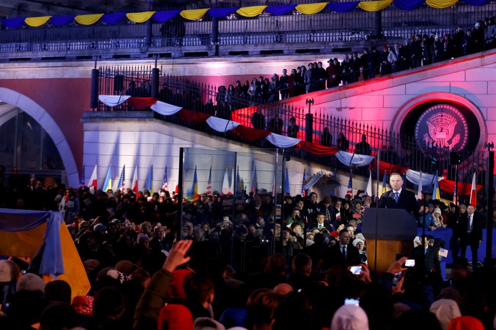 Polský prezident Andrzej Duda při projevu o podpoře Ukrajiny. (21.2.2023)