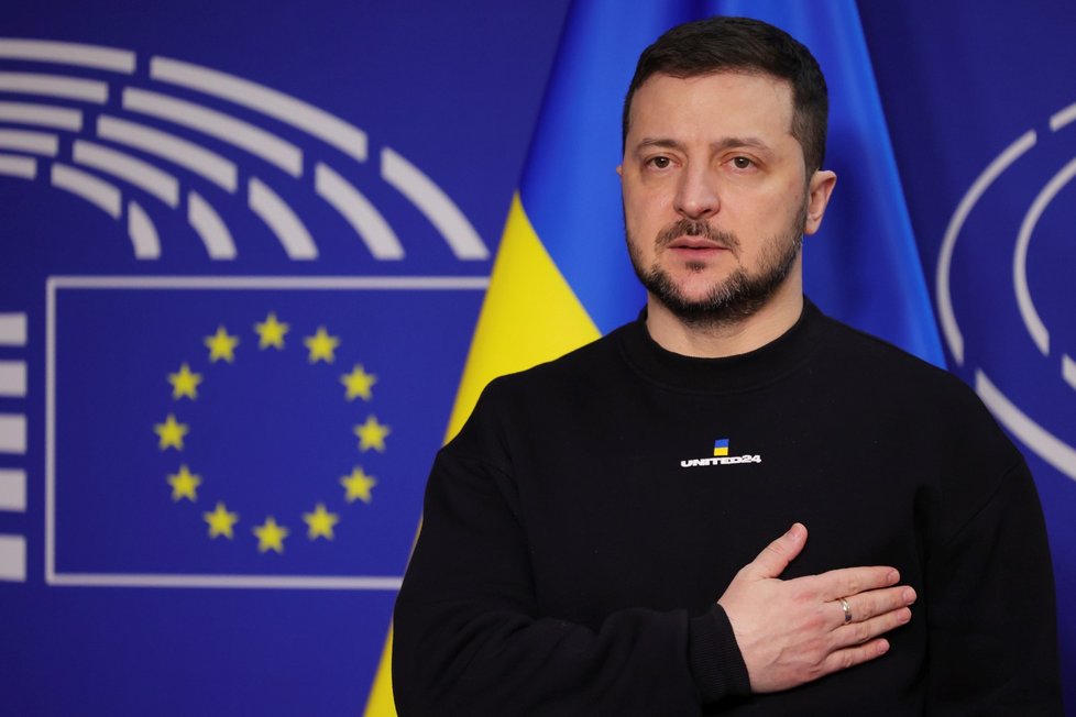 Ukrajinský prezident Volodymyr Zelenskyj v Evropském parlamentu. (9. 2. 2023)