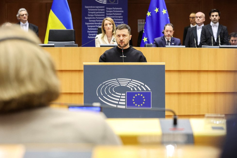 Vystoupení ukrajinského prezidenta Volodomyra Zelenského v europarlamentu.