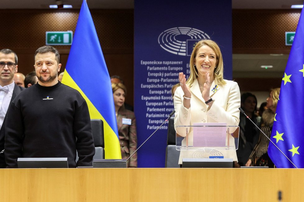 Vystoupení ukrajinského prezidenta Volodomyra Zelenského v europarlamentu.