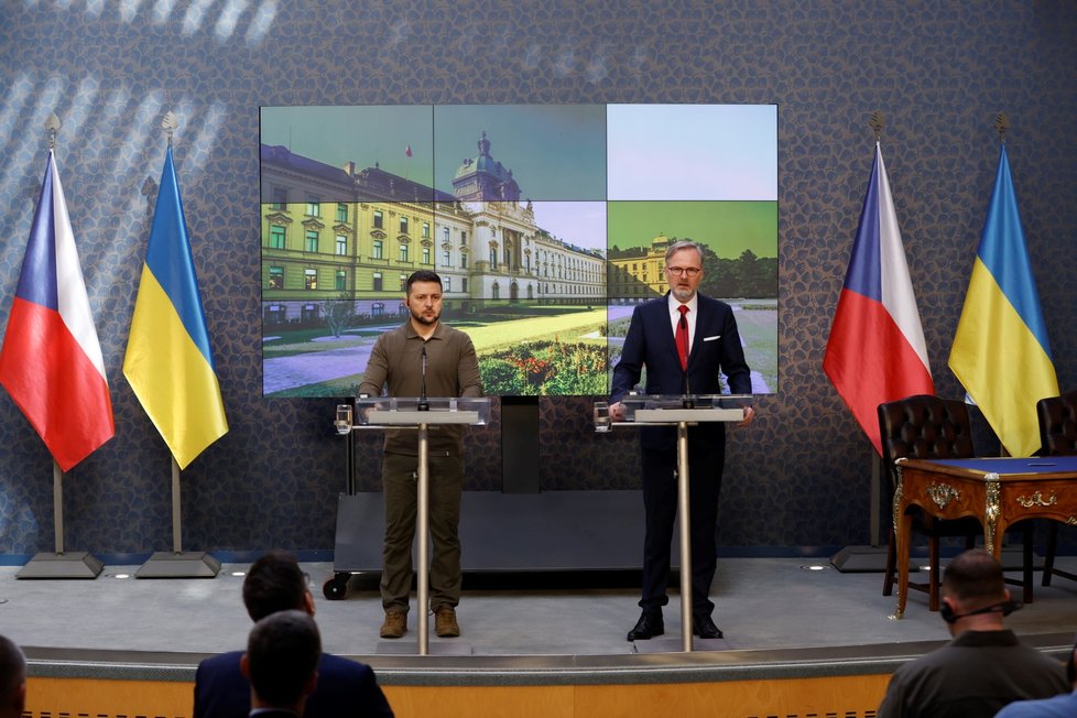 Tisková konference ukrajinského prezidenta Volodymyra Zelenského a českého premiéra Petra Fialy. (7. 7. 2023)