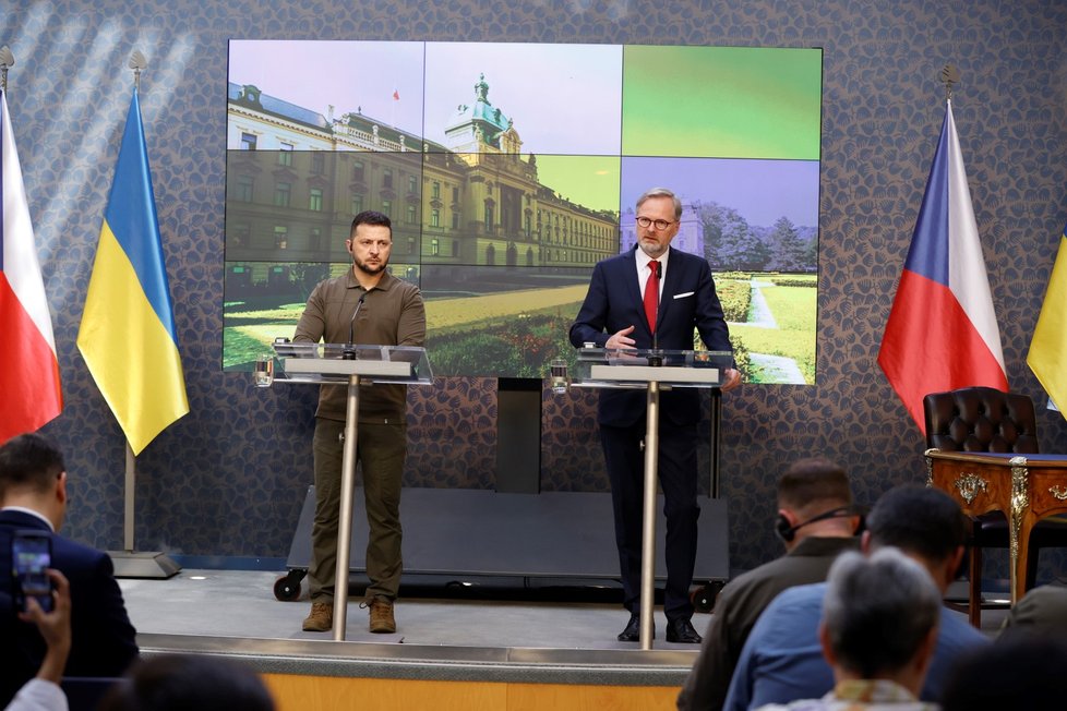 Tisková konference ukrajinského prezidenta Volodymyra Zelenského a českého premiéra Petra Fialy. (7. 7. 2023)