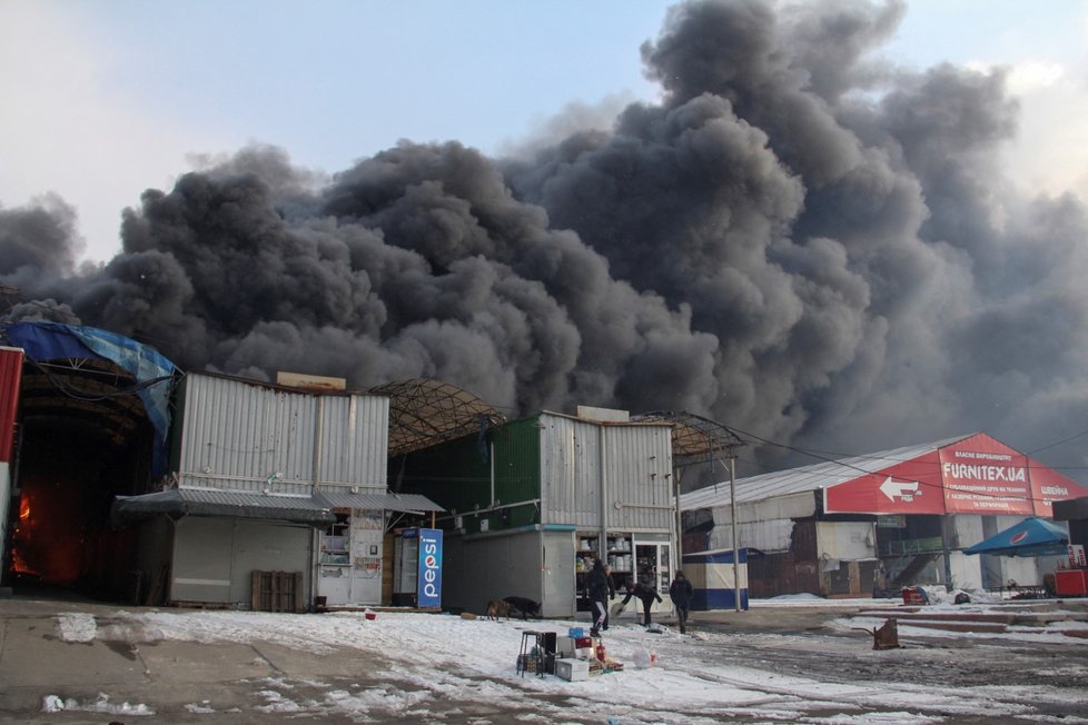 Požár charkovského centra Barabashovo.