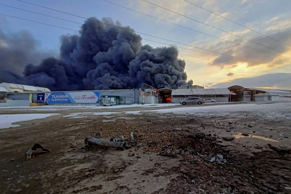 Požár charkovského centra Barabashovo.