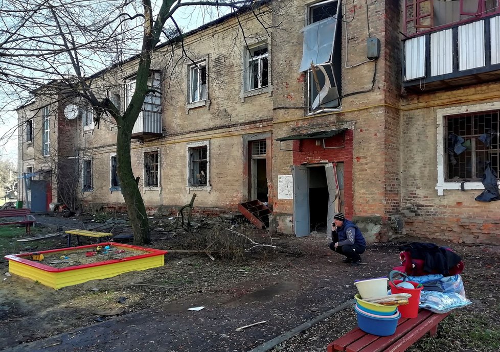 Zničené budovy v Charkově.