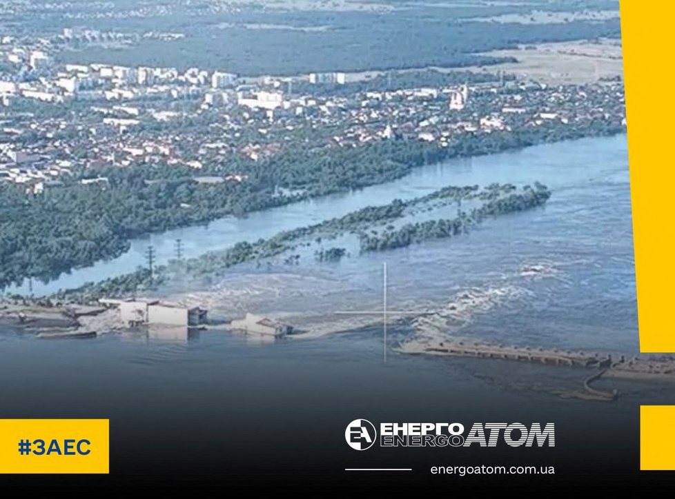 Poškozená Kachovská přehrada. (6. 6. 2023)