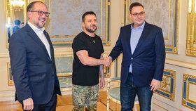 Zleva rakouský ministr zahraničí Alexander Schallenberg, ukrajinský prezident Volodymyr Zelenskyj a šéf české diplomacie Jan Lipavský (20. 7. 2022)