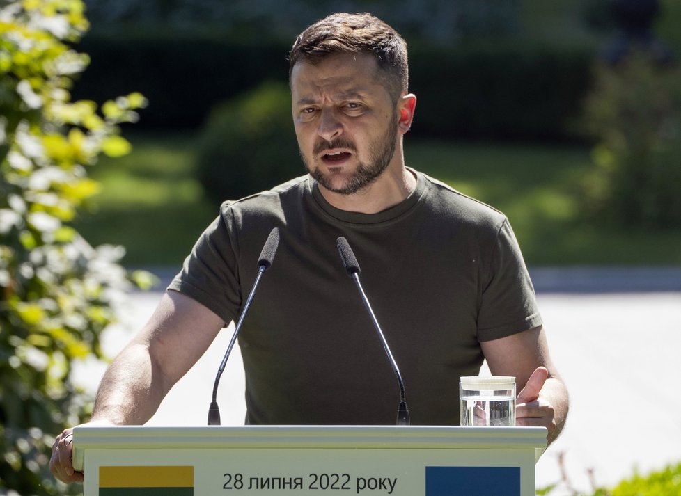 Prezident Volodymyr Zelensky na tiskové konferenci (28. 7. 2022)
