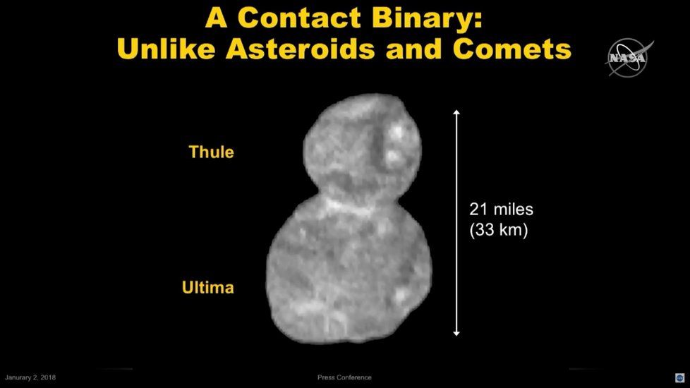 NASA zveřejnila fotografii planetky Ultima Thule (2. 1. 2019)